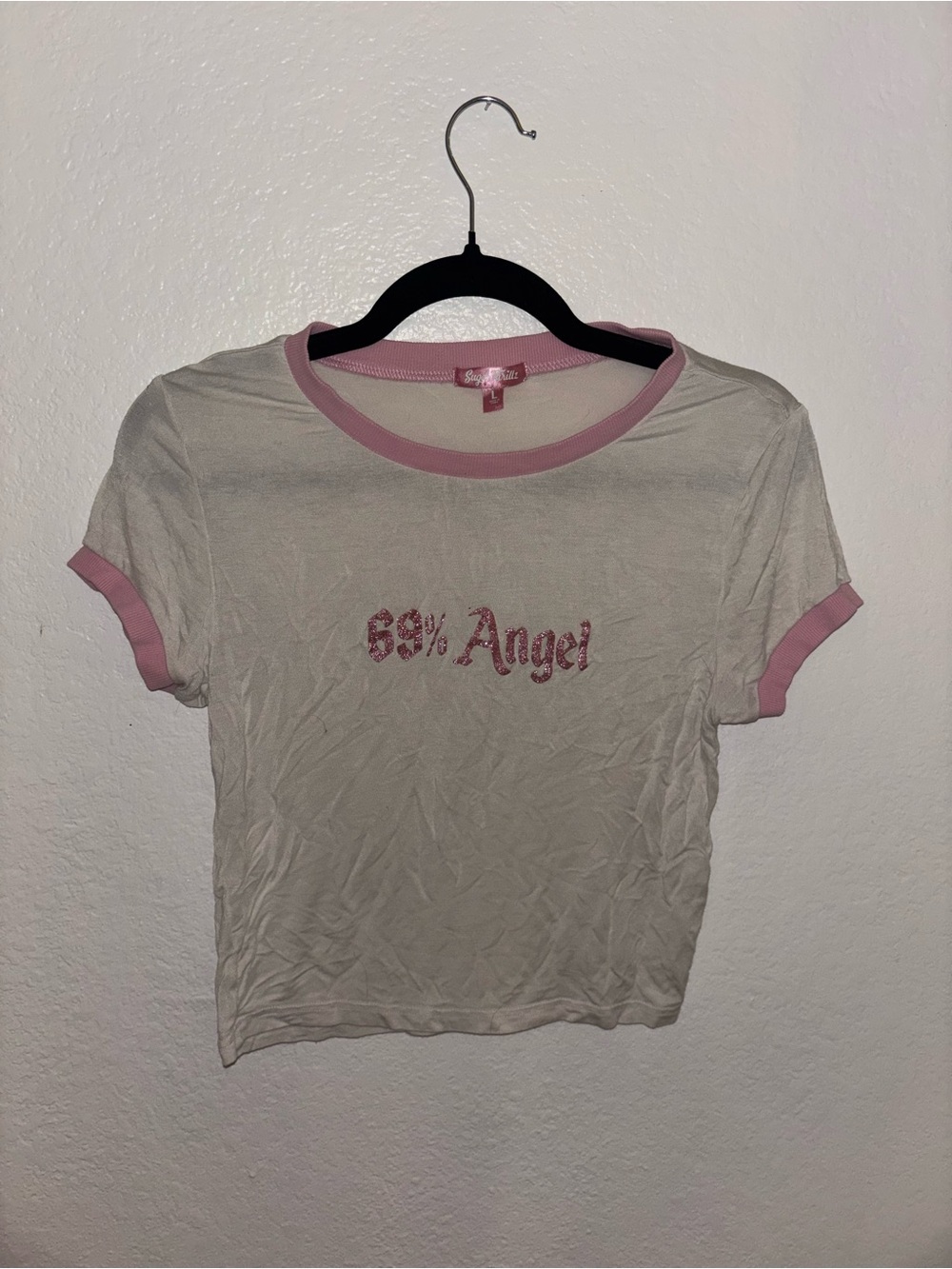 Sugar Thrillz White Baby Tee with Pink Trim and Glitter '69% Angel'